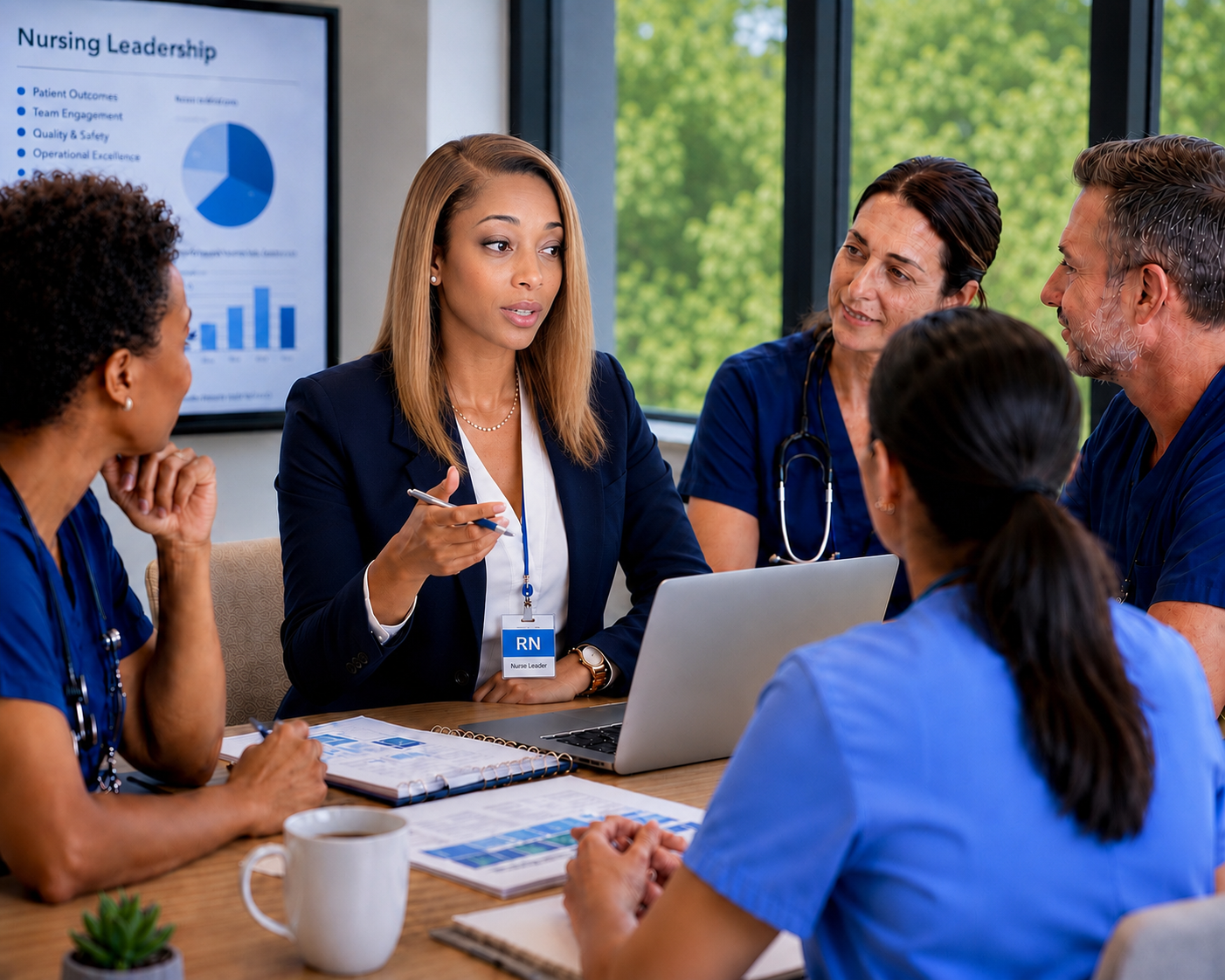 Nursing leadership team in a boardroom strategy session